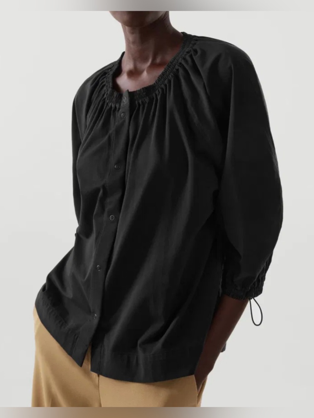 COS Black Contrast Collarless Snap-Front 3/4 Cinch Sleeve Blouse - Size M